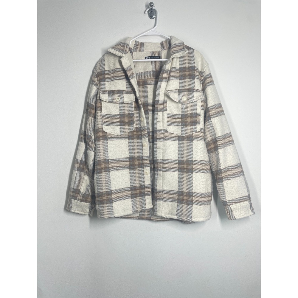 Zara Shacket Jacket Womens M Beige Plaid Wool Blend Lined Button‎ Front Casual